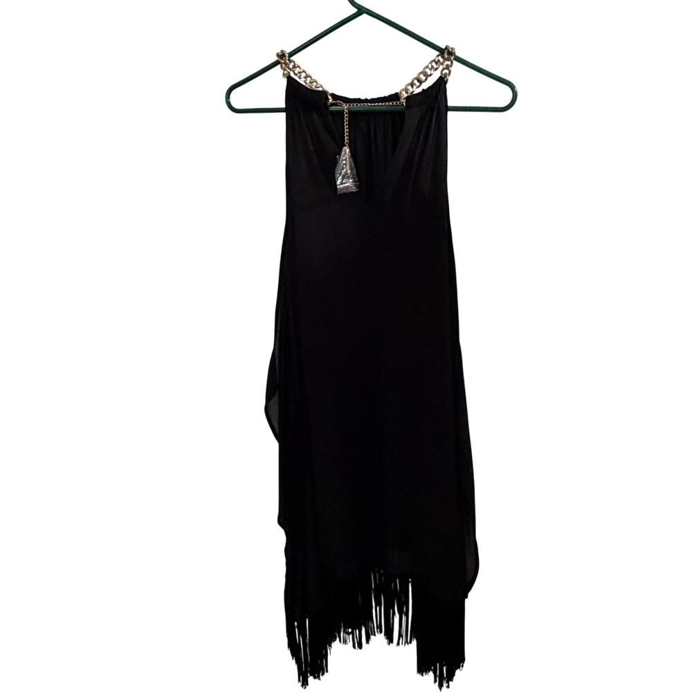 Michael Kors Black Fringe Halter Dress Chain Neck LBD XS dressy party NWT $195 - Picture 3 of 11